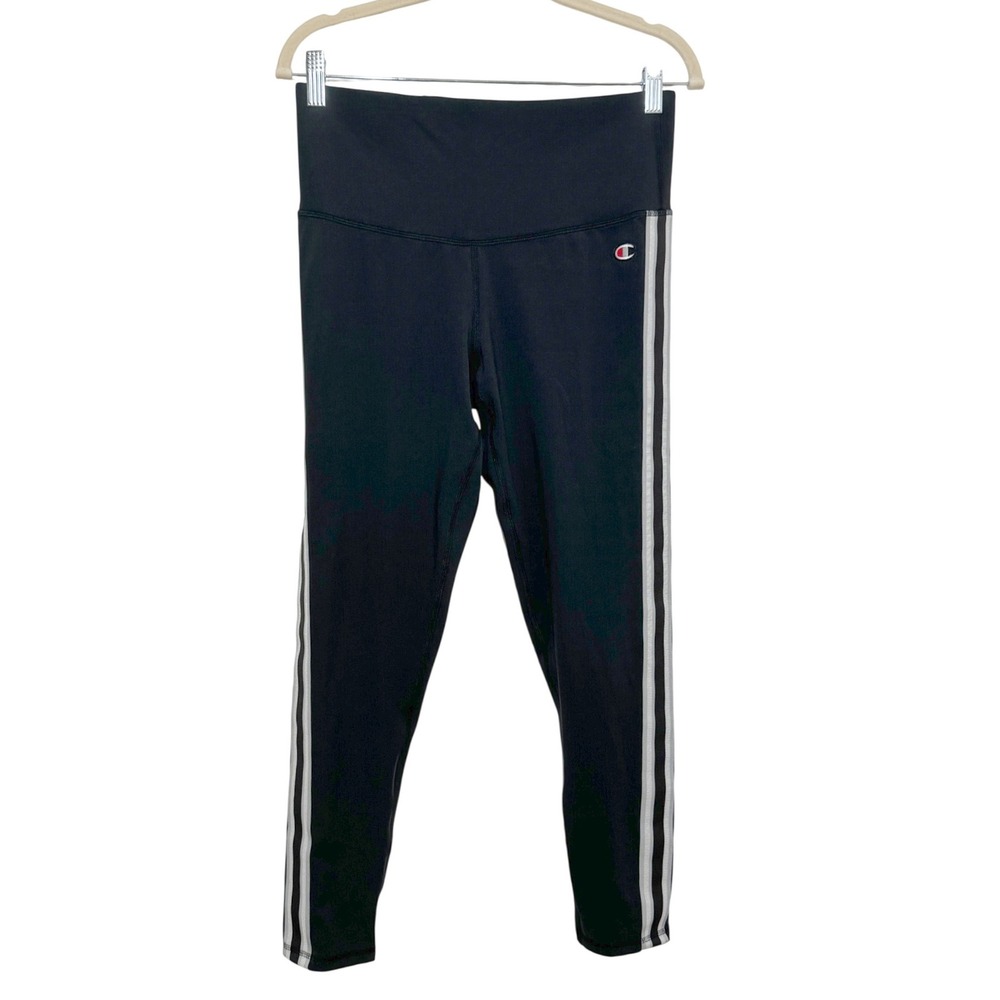 Champion Womens High Rise Stripe Athletic Leggings Black Medium Zipper Pocket